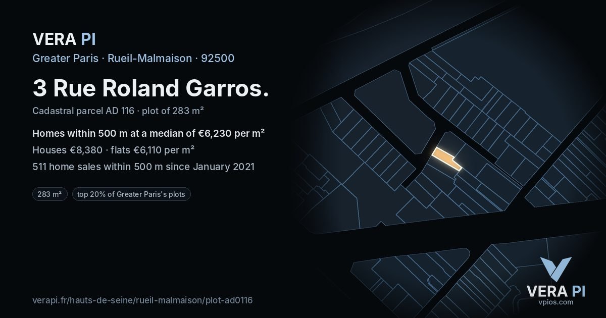3 Rue Roland Garros, Rueil-Malmaison at night – the plot lit, the parcels around coloured by the prices near them