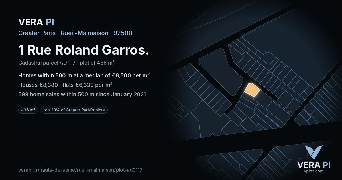 1 Rue Roland Garros, Rueil-Malmaison at night – the plot lit, the parcels around coloured by the prices near them