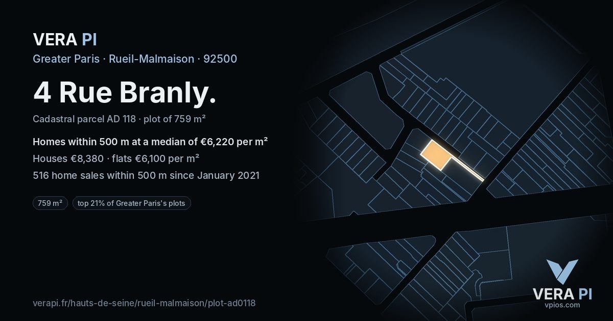 4 Rue Branly, Rueil-Malmaison at night – the plot lit, the parcels around coloured by the prices near them