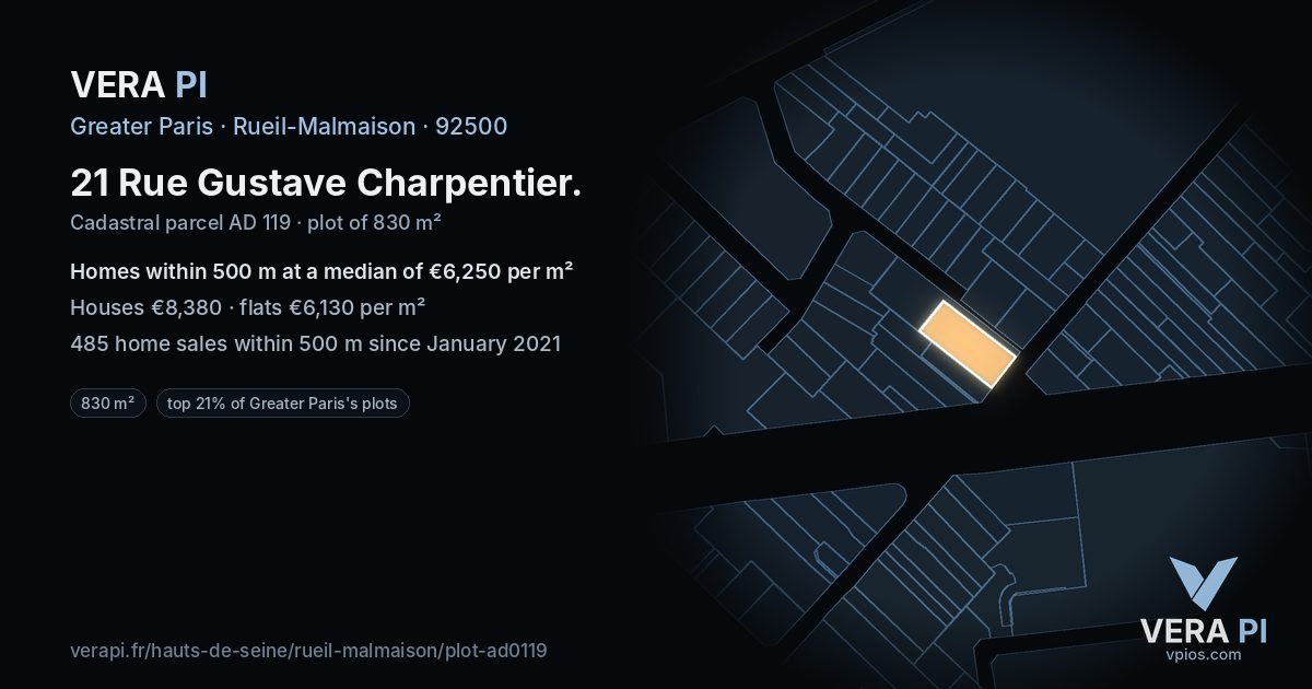 21 Rue Gustave Charpentier, Rueil-Malmaison at night – the plot lit, the parcels around coloured by the prices near them