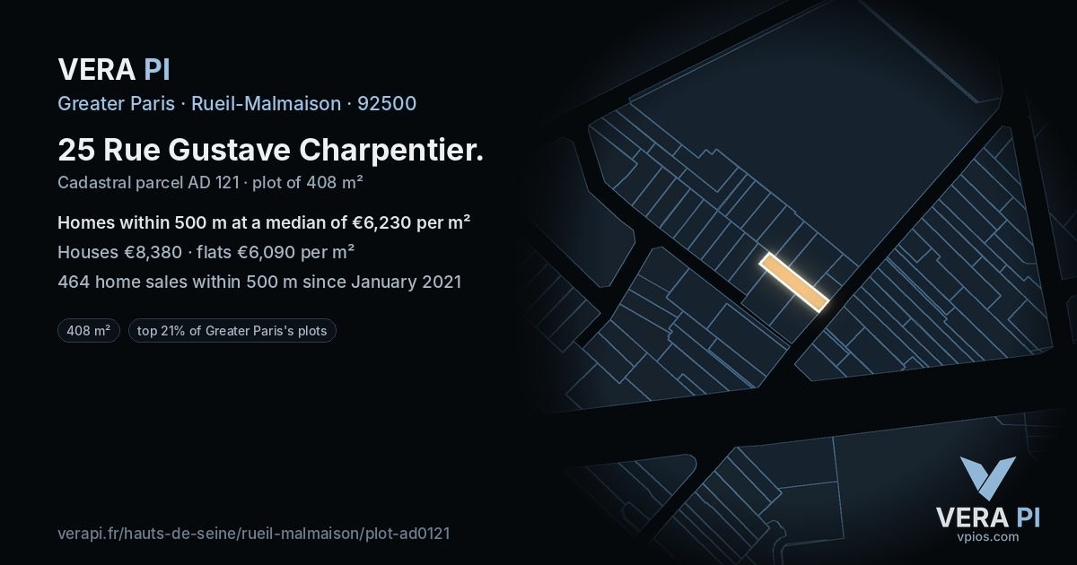 25 Rue Gustave Charpentier, Rueil-Malmaison at night – the plot lit, the parcels around coloured by the prices near them