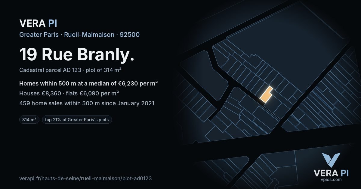 19 Rue Branly, Rueil-Malmaison at night – the plot lit, the parcels around coloured by the prices near them