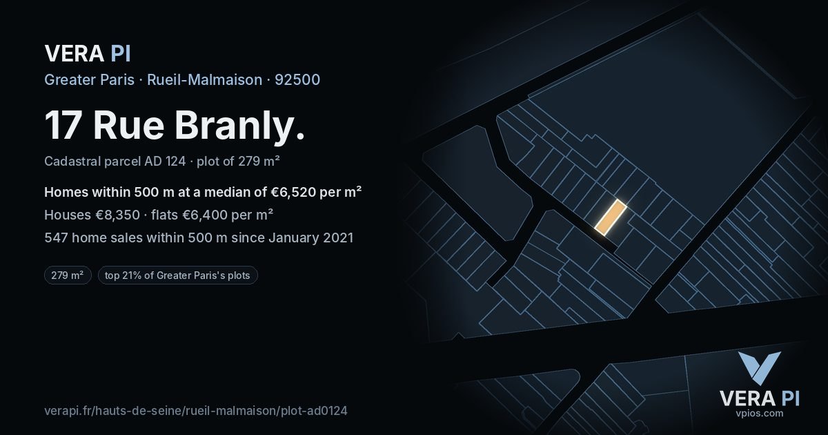17 Rue Branly, Rueil-Malmaison at night – the plot lit, the parcels around coloured by the prices near them