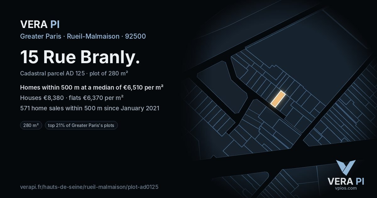 15 Rue Branly, Rueil-Malmaison at night – the plot lit, the parcels around coloured by the prices near them