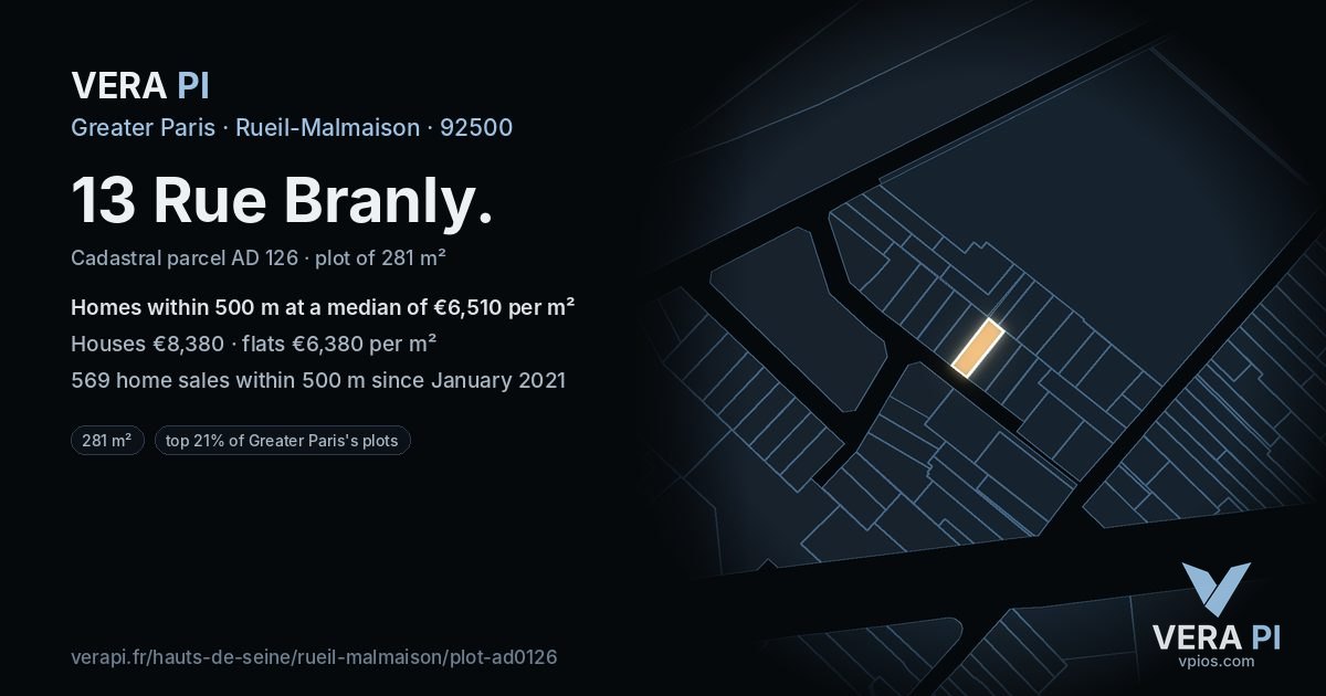 13 Rue Branly, Rueil-Malmaison at night – the plot lit, the parcels around coloured by the prices near them