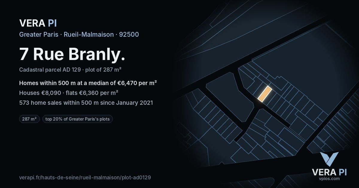 7 Rue Branly, Rueil-Malmaison at night – the plot lit, the parcels around coloured by the prices near them