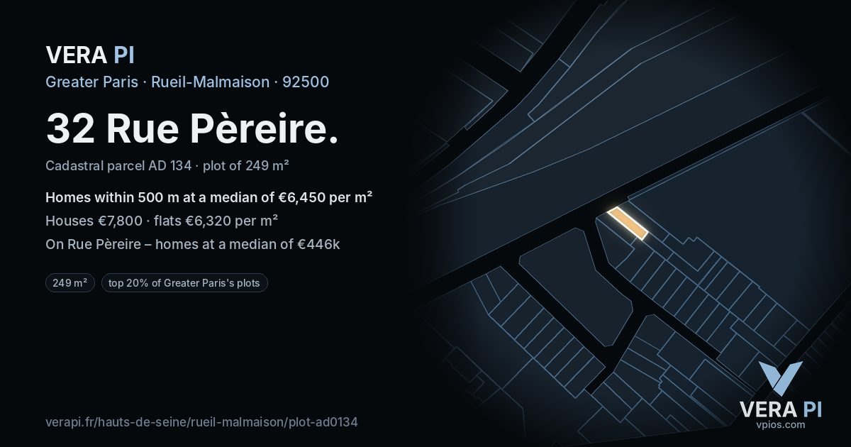 32 Rue Pèreire, Rueil-Malmaison at night – the plot lit, the parcels around coloured by the prices near them