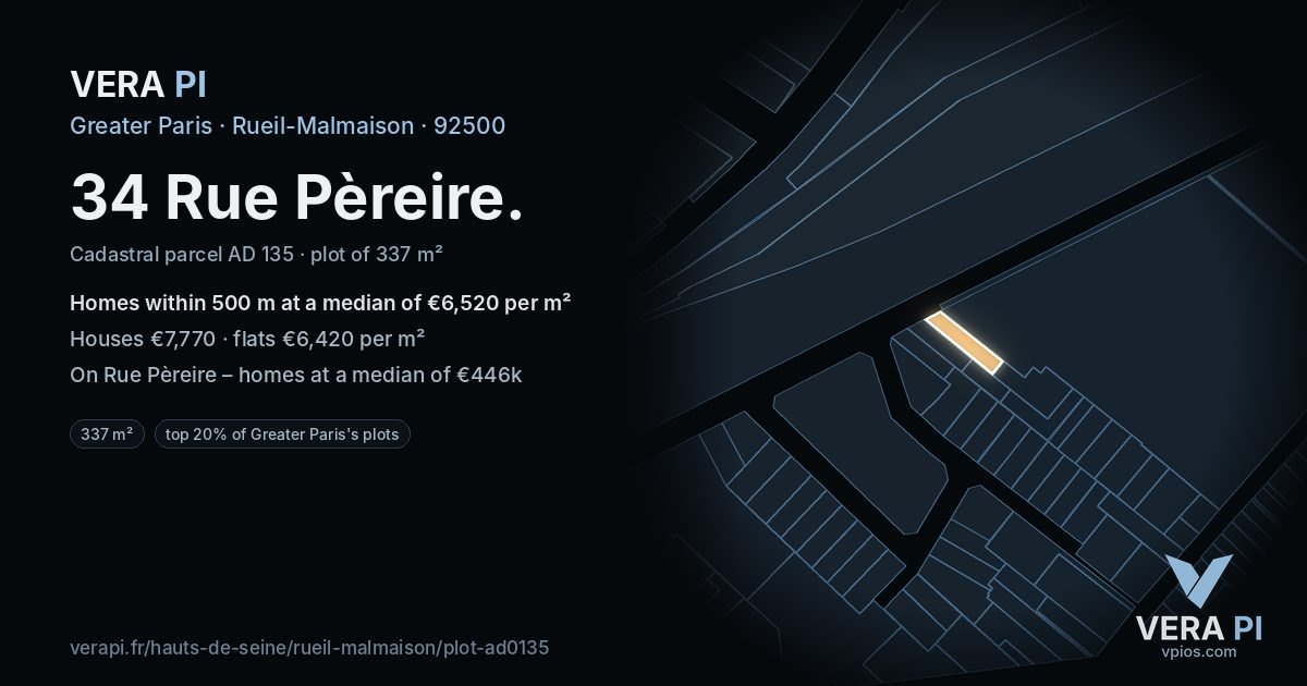 34 Rue Pèreire, Rueil-Malmaison at night – the plot lit, the parcels around coloured by the prices near them