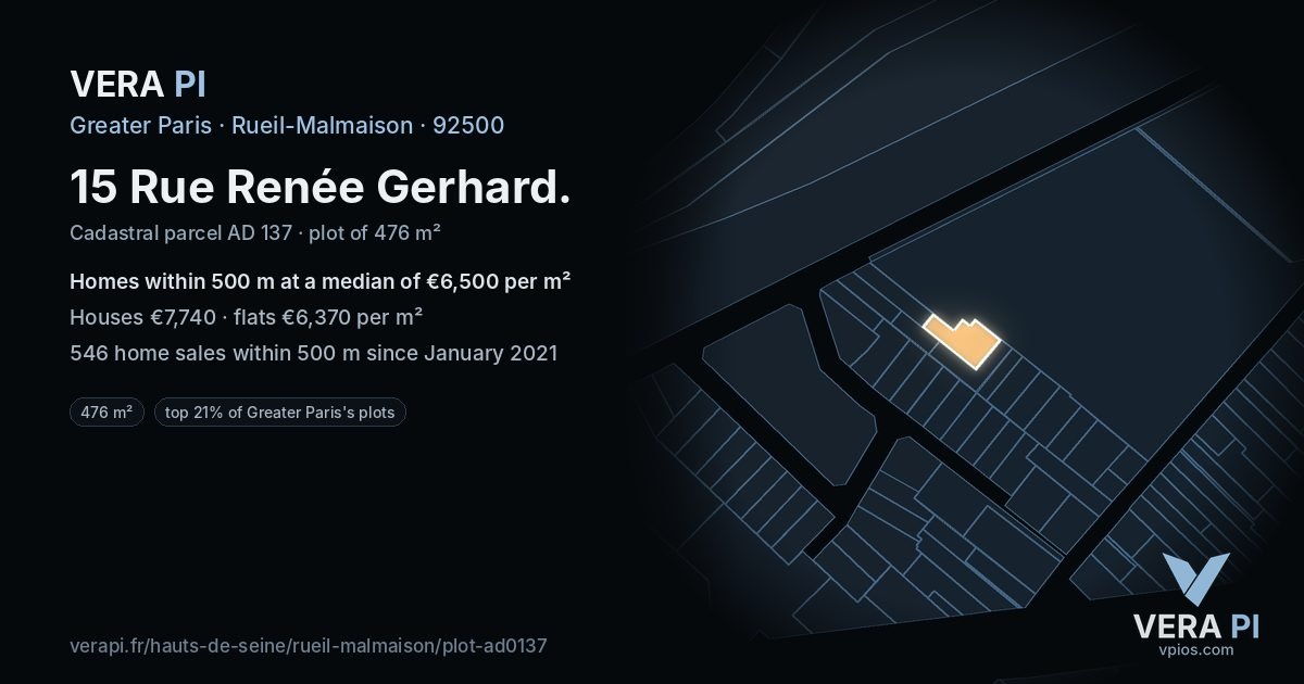 15 Rue Renée Gerhard, Rueil-Malmaison at night – the plot lit, the parcels around coloured by the prices near them