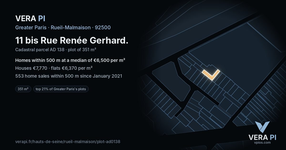 11 bis Rue Renée Gerhard, Rueil-Malmaison at night – the plot lit, the parcels around coloured by the prices near them