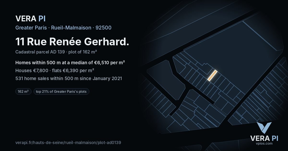 11 Rue Renée Gerhard, Rueil-Malmaison at night – the plot lit, the parcels around coloured by the prices near them