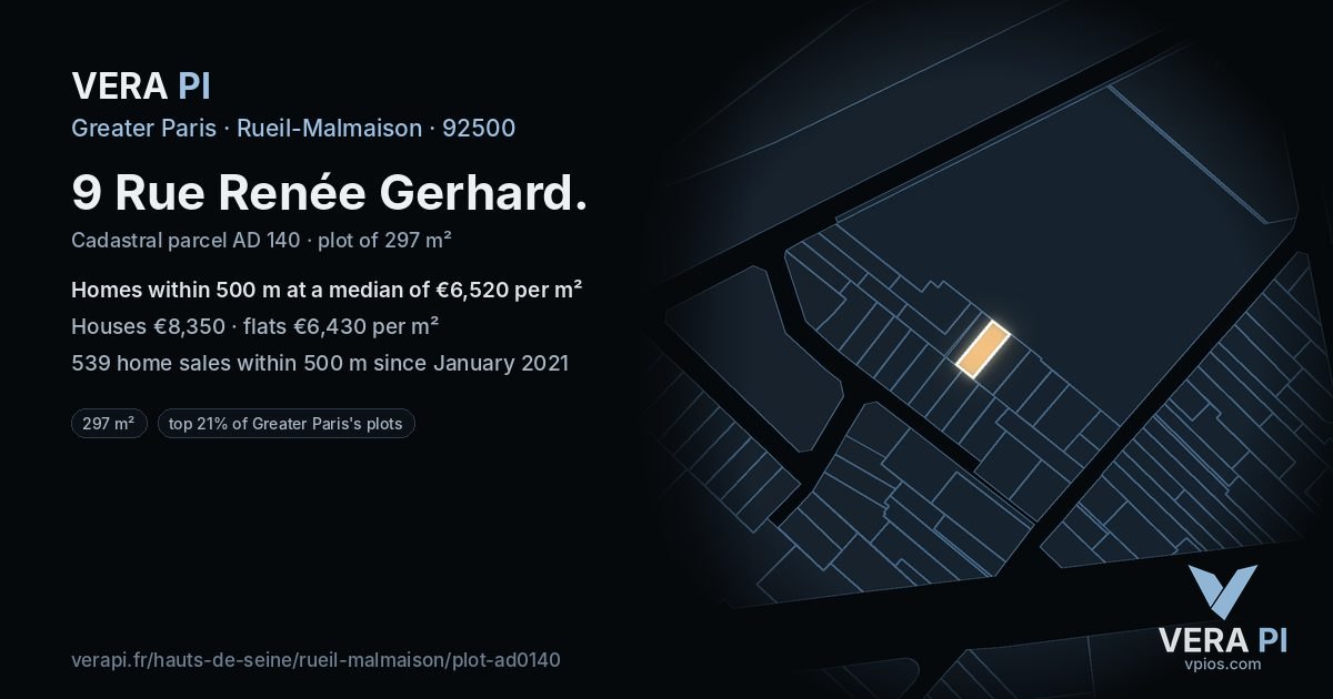 9 Rue Renée Gerhard, Rueil-Malmaison at night – the plot lit, the parcels around coloured by the prices near them
