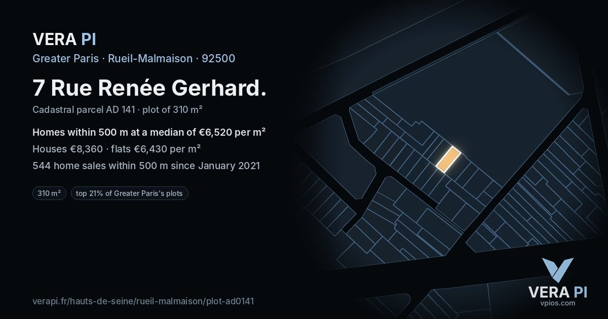 7 Rue Renée Gerhard, Rueil-Malmaison at night – the plot lit, the parcels around coloured by the prices near them