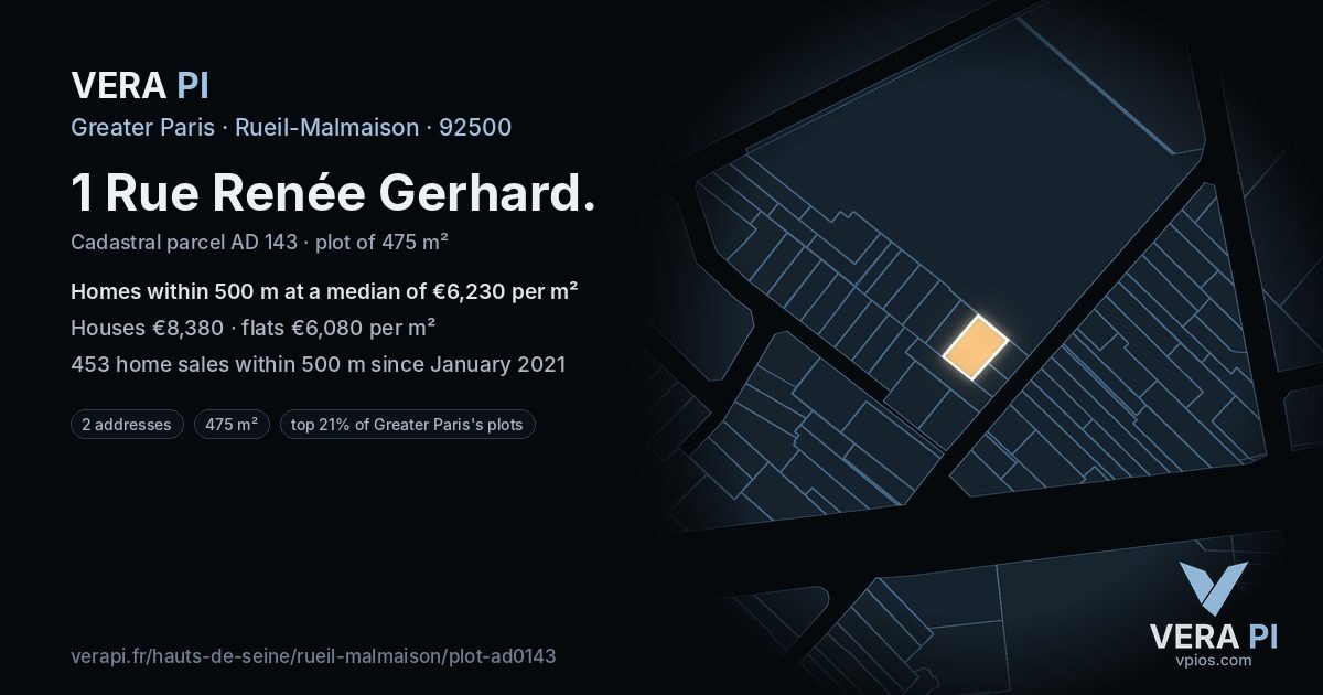1 Rue Renée Gerhard, Rueil-Malmaison at night – the plot lit, the parcels around coloured by the prices near them