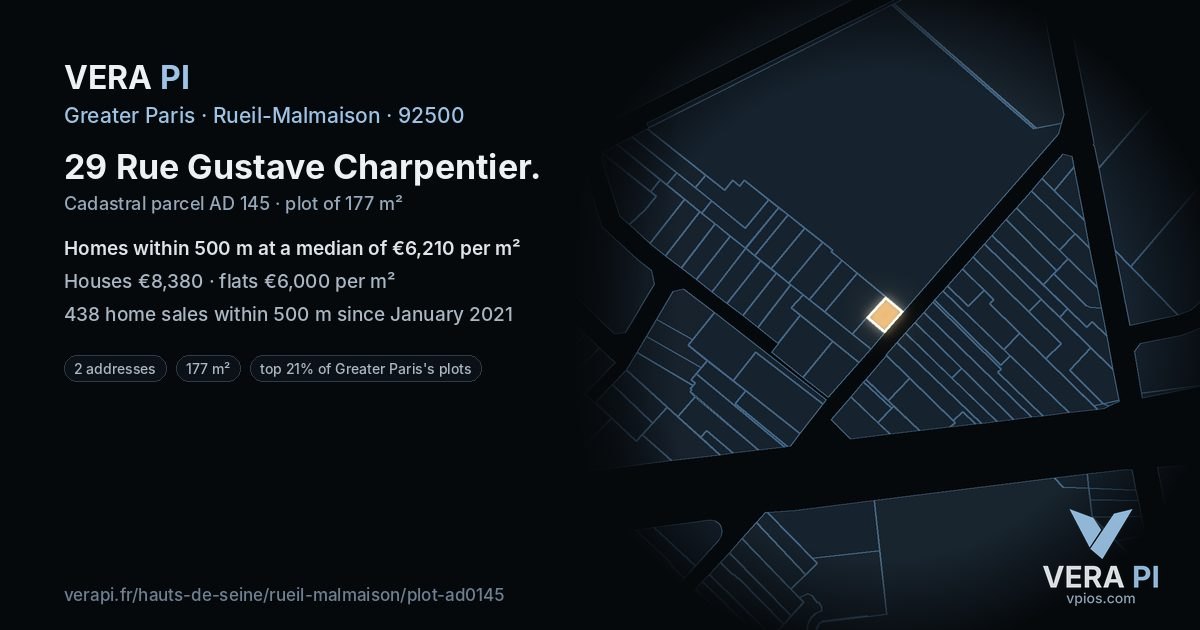 29 Rue Gustave Charpentier, Rueil-Malmaison at night – the plot lit, the parcels around coloured by the prices near them