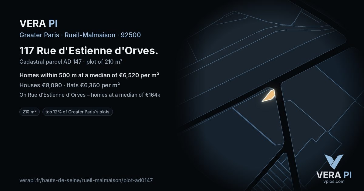 117 Rue d'Estienne d'Orves, Rueil-Malmaison at night – the plot lit, the parcels around coloured by the prices near them