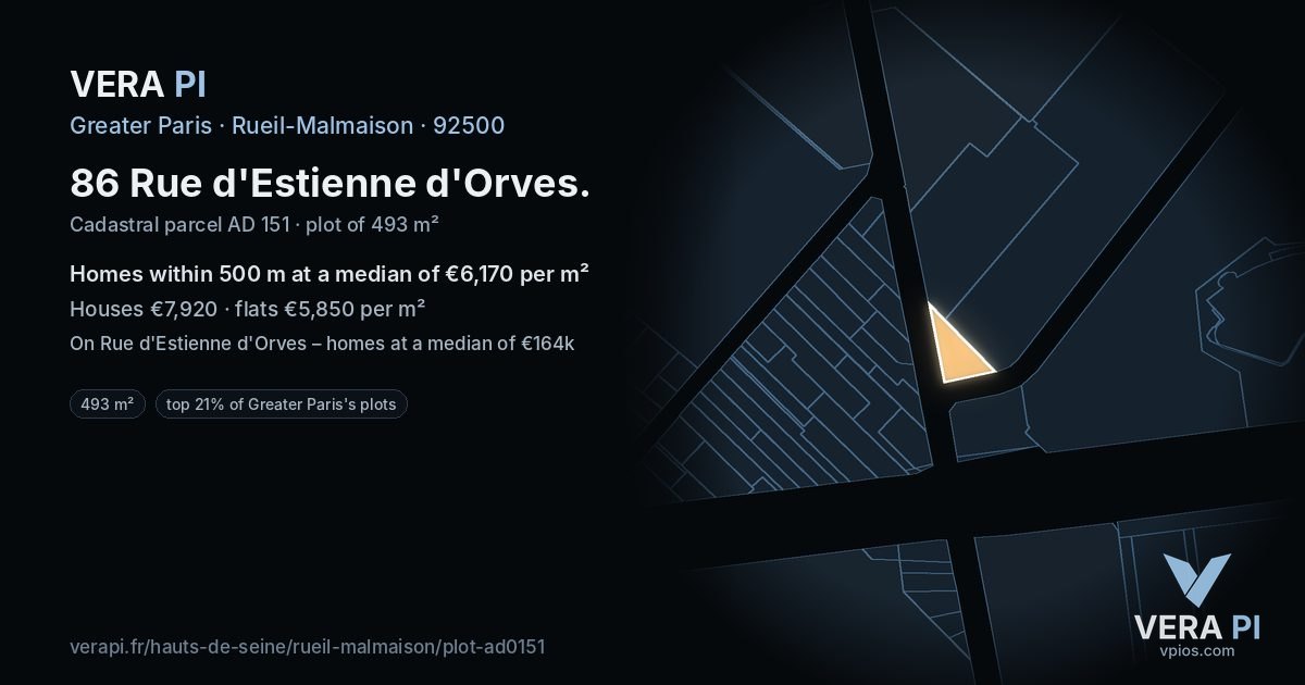 86 Rue d'Estienne d'Orves, Rueil-Malmaison at night – the plot lit, the parcels around coloured by the prices near them