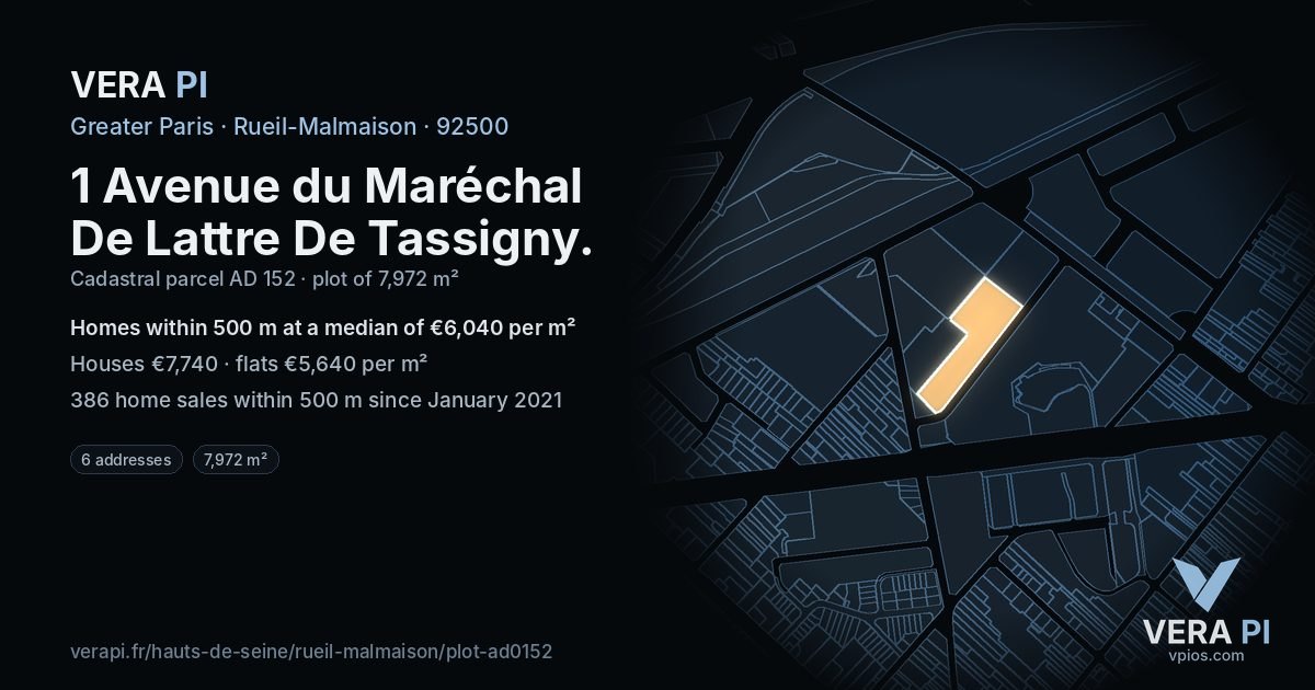 1 Avenue du Maréchal De Lattre De Tassigny, Rueil-Malmaison at night – the plot lit, the parcels around coloured by the prices near them