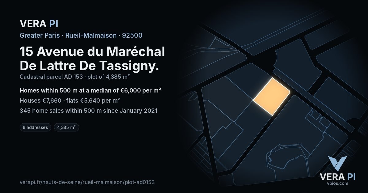 15 Avenue du Maréchal De Lattre De Tassigny, Rueil-Malmaison at night – the plot lit, the parcels around coloured by the prices near them