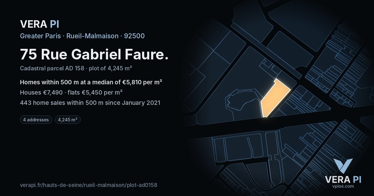 75 Rue Gabriel Faure, Rueil-Malmaison at night – the plot lit, the parcels around coloured by the prices near them