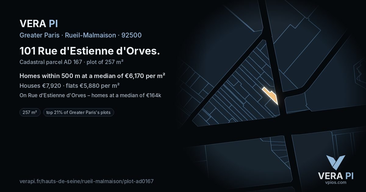 101 Rue d'Estienne d'Orves, Rueil-Malmaison at night – the plot lit, the parcels around coloured by the prices near them
