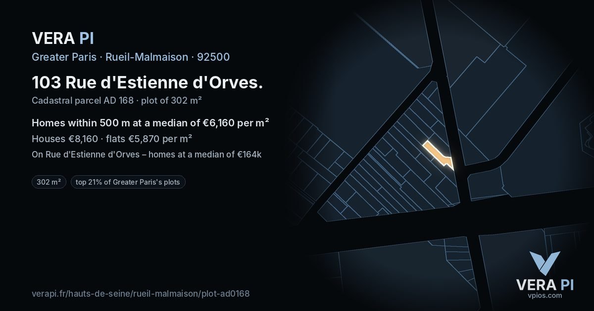 103 Rue d'Estienne d'Orves, Rueil-Malmaison at night – the plot lit, the parcels around coloured by the prices near them