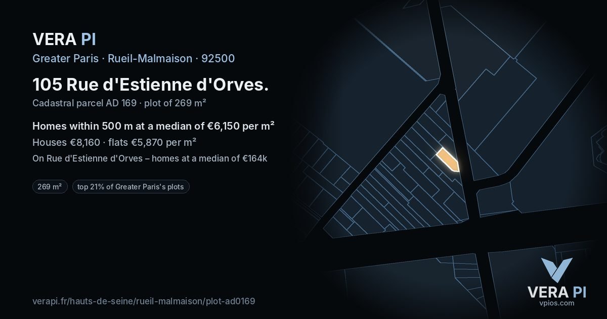 105 Rue d'Estienne d'Orves, Rueil-Malmaison at night – the plot lit, the parcels around coloured by the prices near them