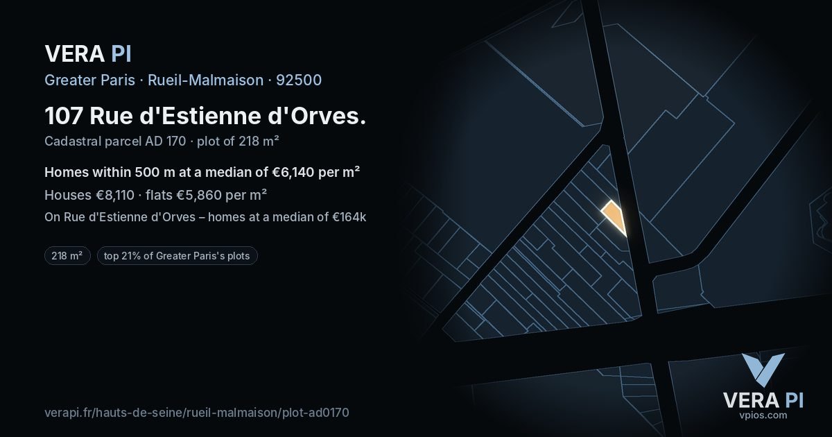 107 Rue d'Estienne d'Orves, Rueil-Malmaison at night – the plot lit, the parcels around coloured by the prices near them
