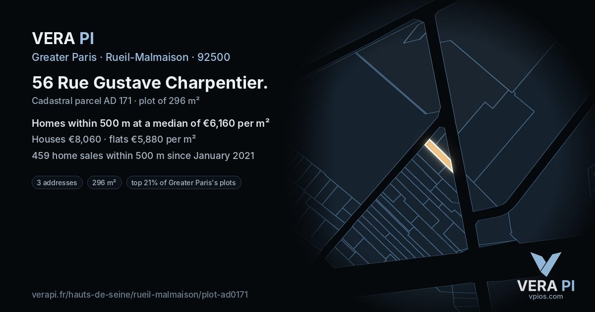 56 Rue Gustave Charpentier, Rueil-Malmaison at night – the plot lit, the parcels around coloured by the prices near them