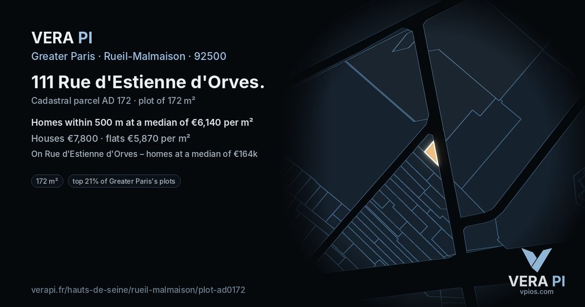 111 Rue d'Estienne d'Orves, Rueil-Malmaison at night – the plot lit, the parcels around coloured by the prices near them