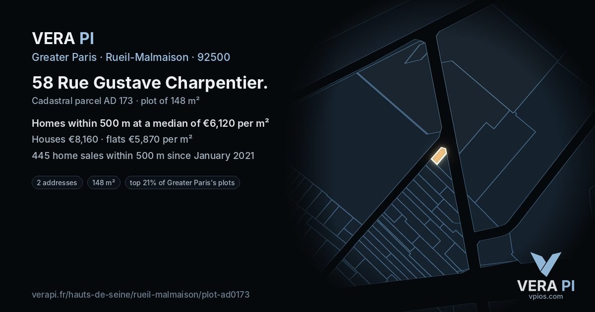58 Rue Gustave Charpentier, Rueil-Malmaison at night – the plot lit, the parcels around coloured by the prices near them