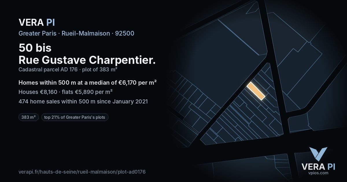 50 bis Rue Gustave Charpentier, Rueil-Malmaison at night – the plot lit, the parcels around coloured by the prices near them