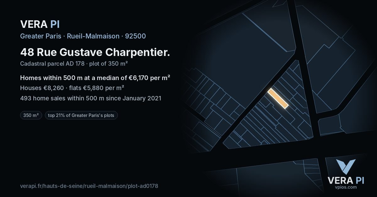 48 Rue Gustave Charpentier, Rueil-Malmaison at night – the plot lit, the parcels around coloured by the prices near them