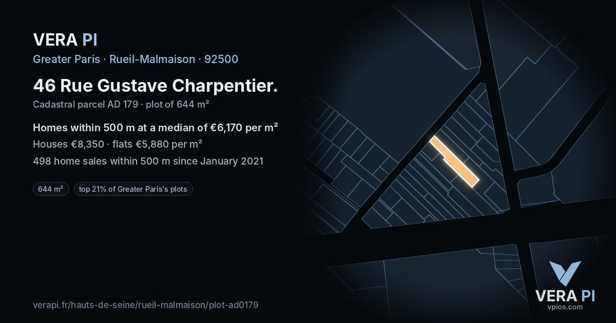 46 Rue Gustave Charpentier, Rueil-Malmaison at night – the plot lit, the parcels around coloured by the prices near them