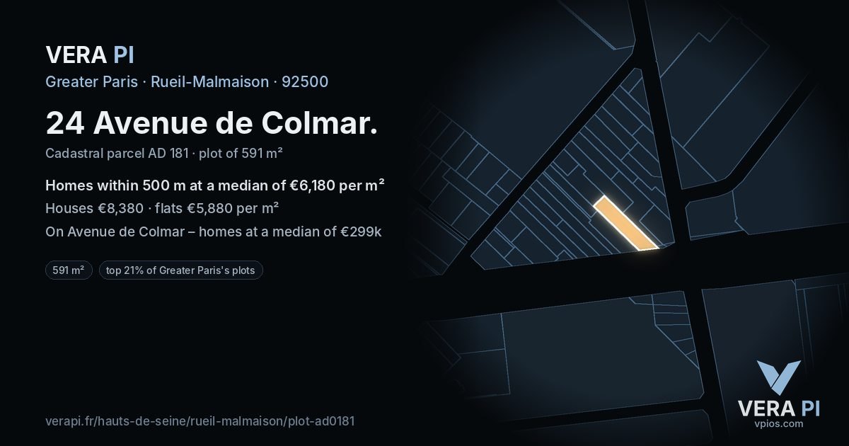 24 Avenue de Colmar, Rueil-Malmaison at night – the plot lit, the parcels around coloured by the prices near them
