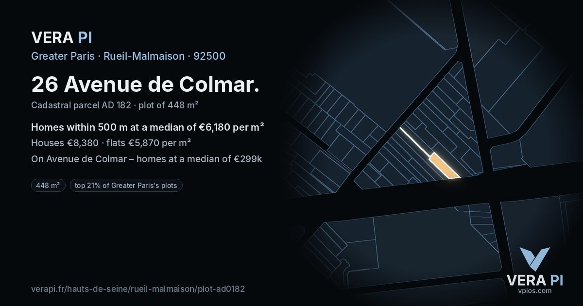 26 Avenue de Colmar, Rueil-Malmaison at night – the plot lit, the parcels around coloured by the prices near them