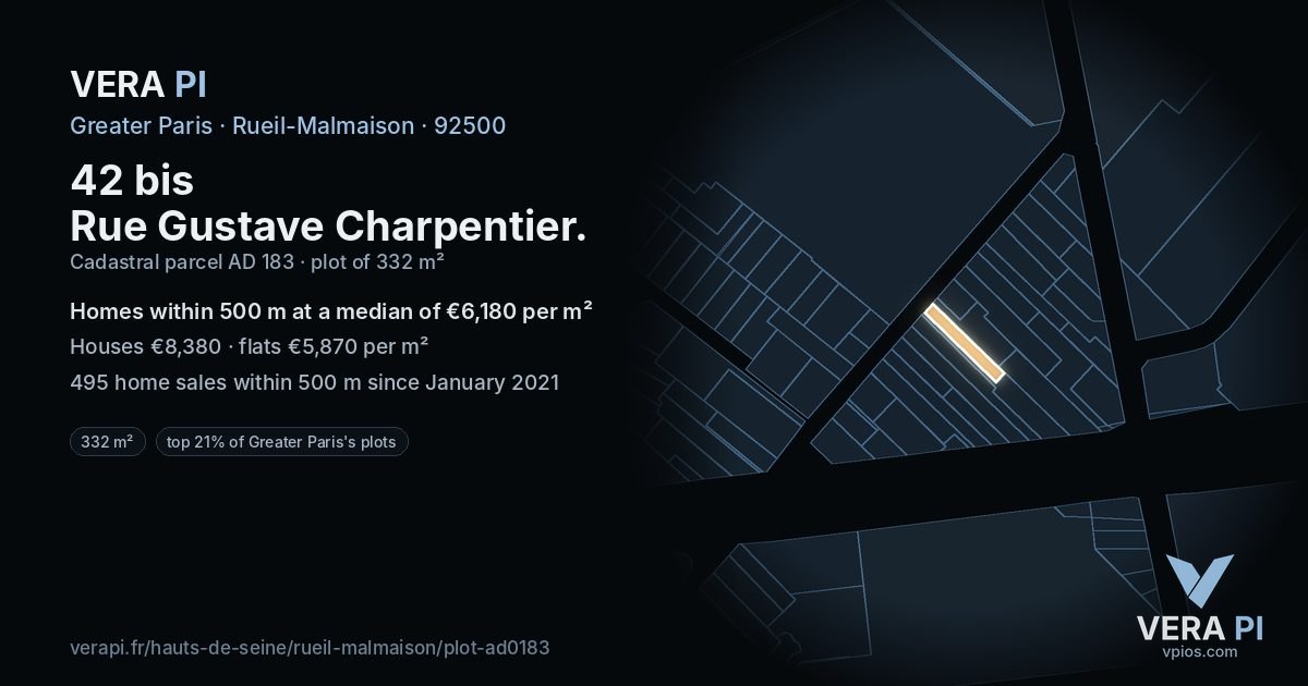 42 bis Rue Gustave Charpentier, Rueil-Malmaison at night – the plot lit, the parcels around coloured by the prices near them