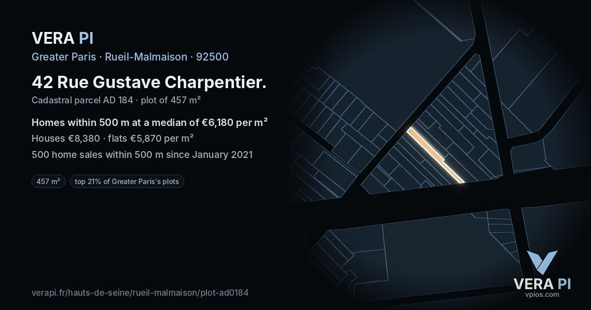 42 Rue Gustave Charpentier, Rueil-Malmaison at night – the plot lit, the parcels around coloured by the prices near them