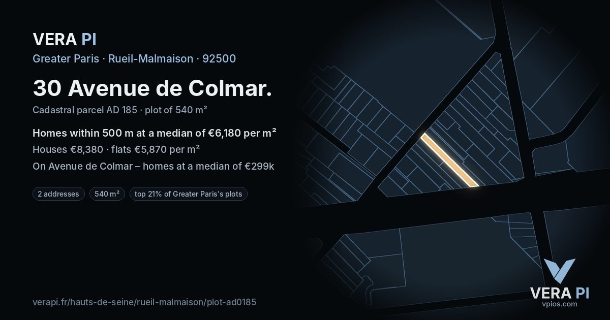 30 Avenue de Colmar, Rueil-Malmaison at night – the plot lit, the parcels around coloured by the prices near them