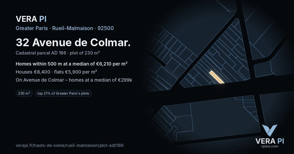 32 Avenue de Colmar, Rueil-Malmaison at night – the plot lit, the parcels around coloured by the prices near them