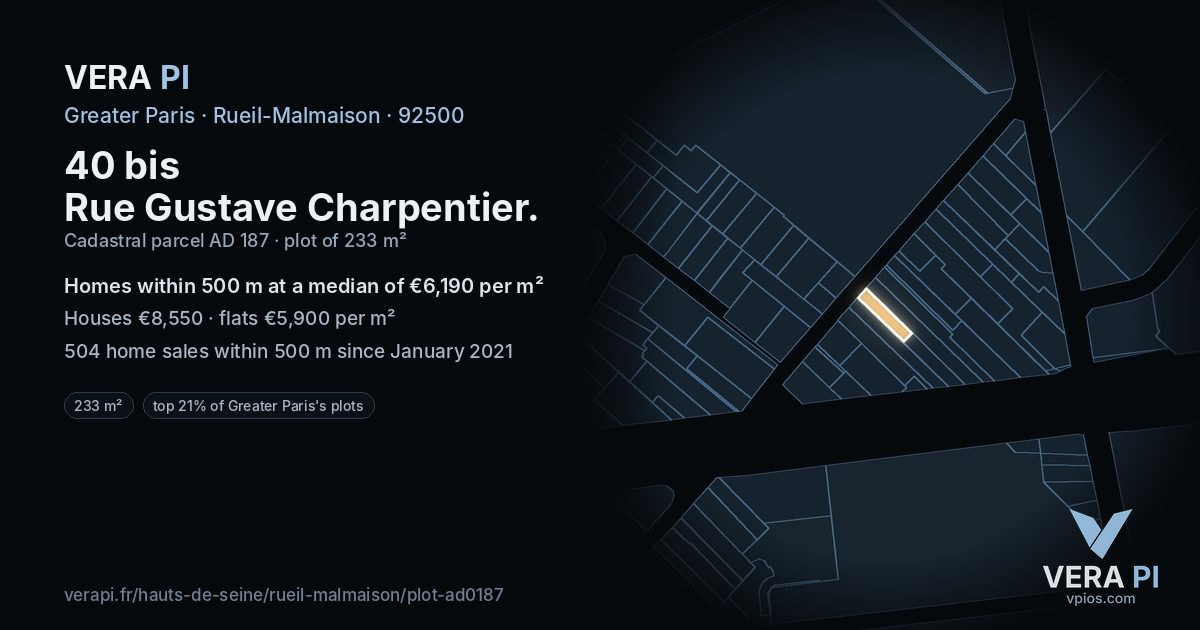40 bis Rue Gustave Charpentier, Rueil-Malmaison at night – the plot lit, the parcels around coloured by the prices near them