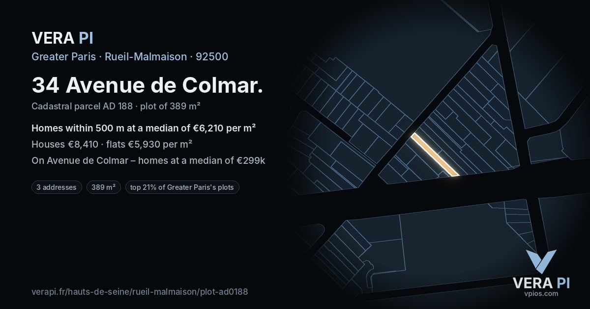 34 Avenue de Colmar, Rueil-Malmaison at night – the plot lit, the parcels around coloured by the prices near them