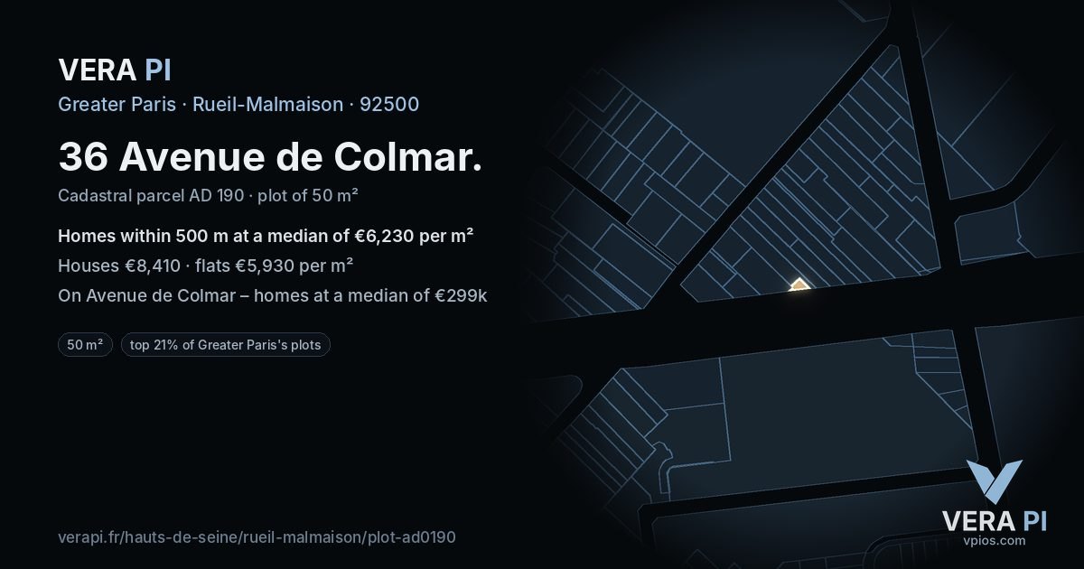 36 Avenue de Colmar, Rueil-Malmaison at night – the plot lit, the parcels around coloured by the prices near them
