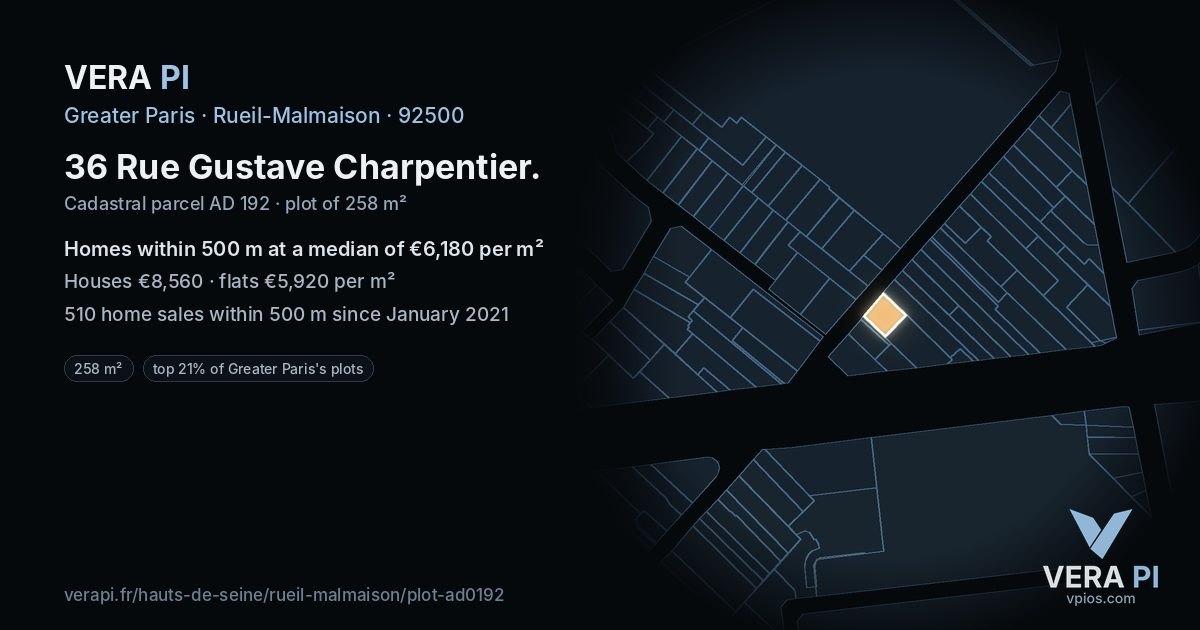 36 Rue Gustave Charpentier, Rueil-Malmaison at night – the plot lit, the parcels around coloured by the prices near them