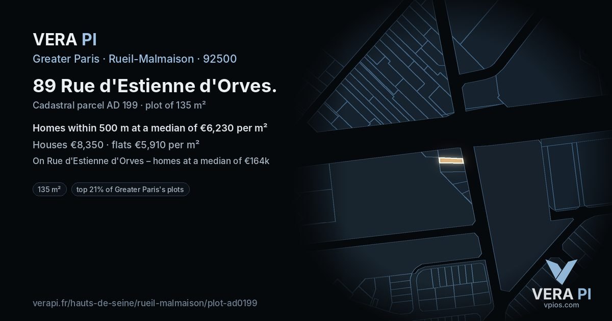 89 Rue d'Estienne d'Orves, Rueil-Malmaison at night – the plot lit, the parcels around coloured by the prices near them