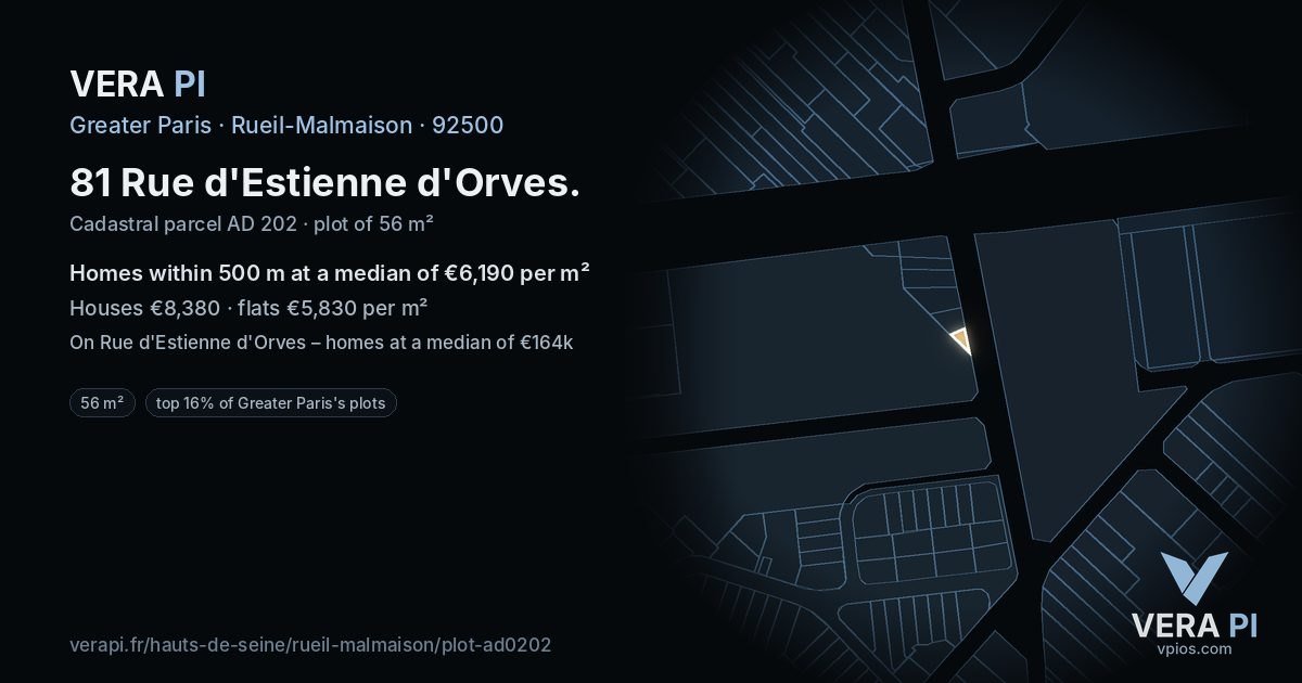 81 Rue d'Estienne d'Orves, Rueil-Malmaison at night – the plot lit, the parcels around coloured by the prices near them