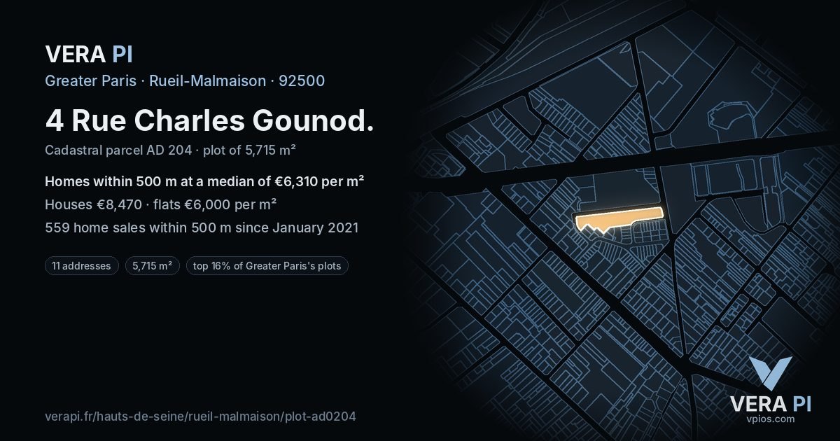 4 Rue Charles Gounod, Rueil-Malmaison at night – the plot lit, the parcels around coloured by the prices near them