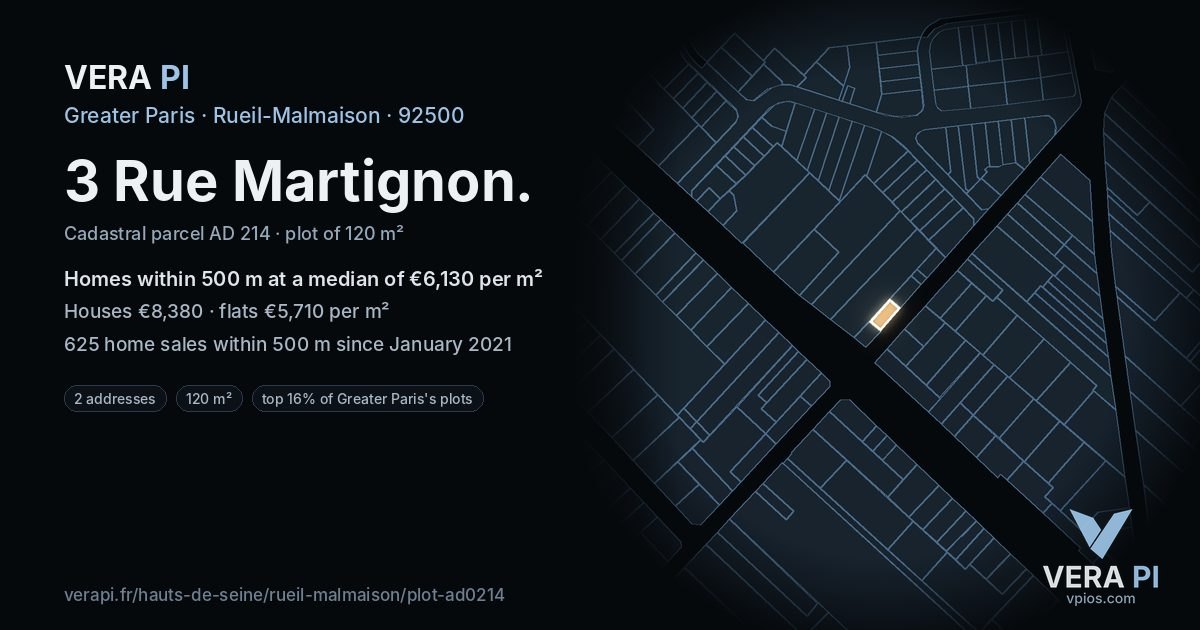 3 Rue Martignon, Rueil-Malmaison at night – the plot lit, the parcels around coloured by the prices near them