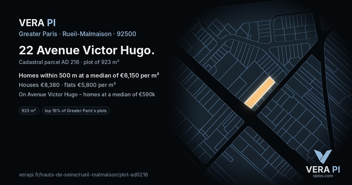 22 Avenue Victor Hugo, Rueil-Malmaison at night – the plot lit, the parcels around coloured by the prices near them