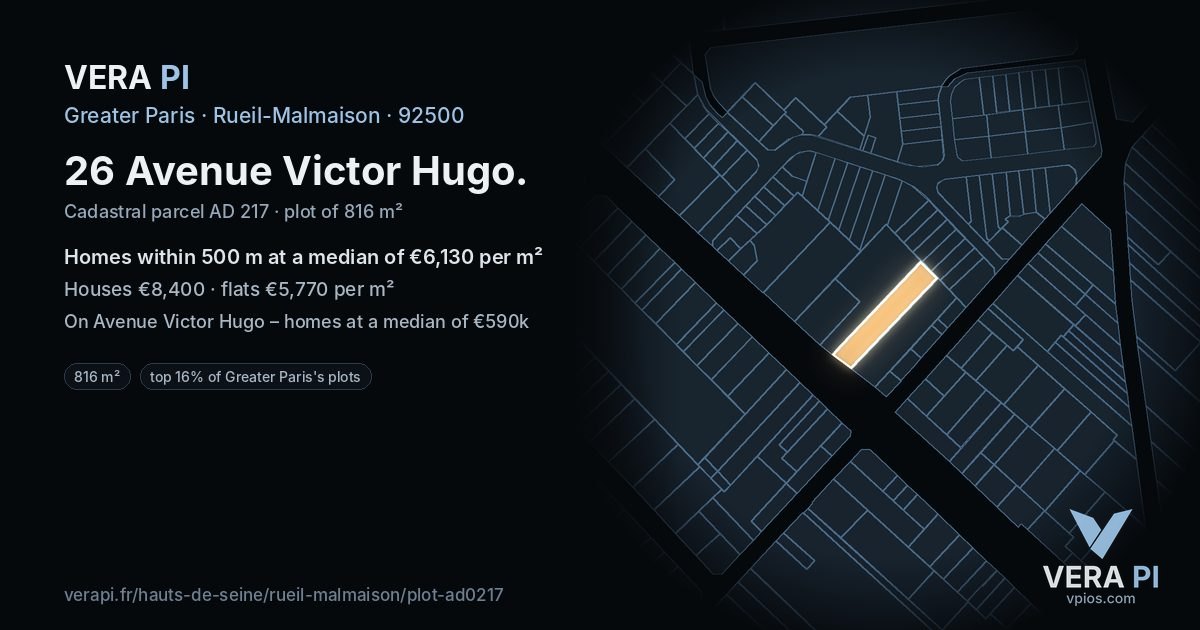 26 Avenue Victor Hugo, Rueil-Malmaison at night – the plot lit, the parcels around coloured by the prices near them